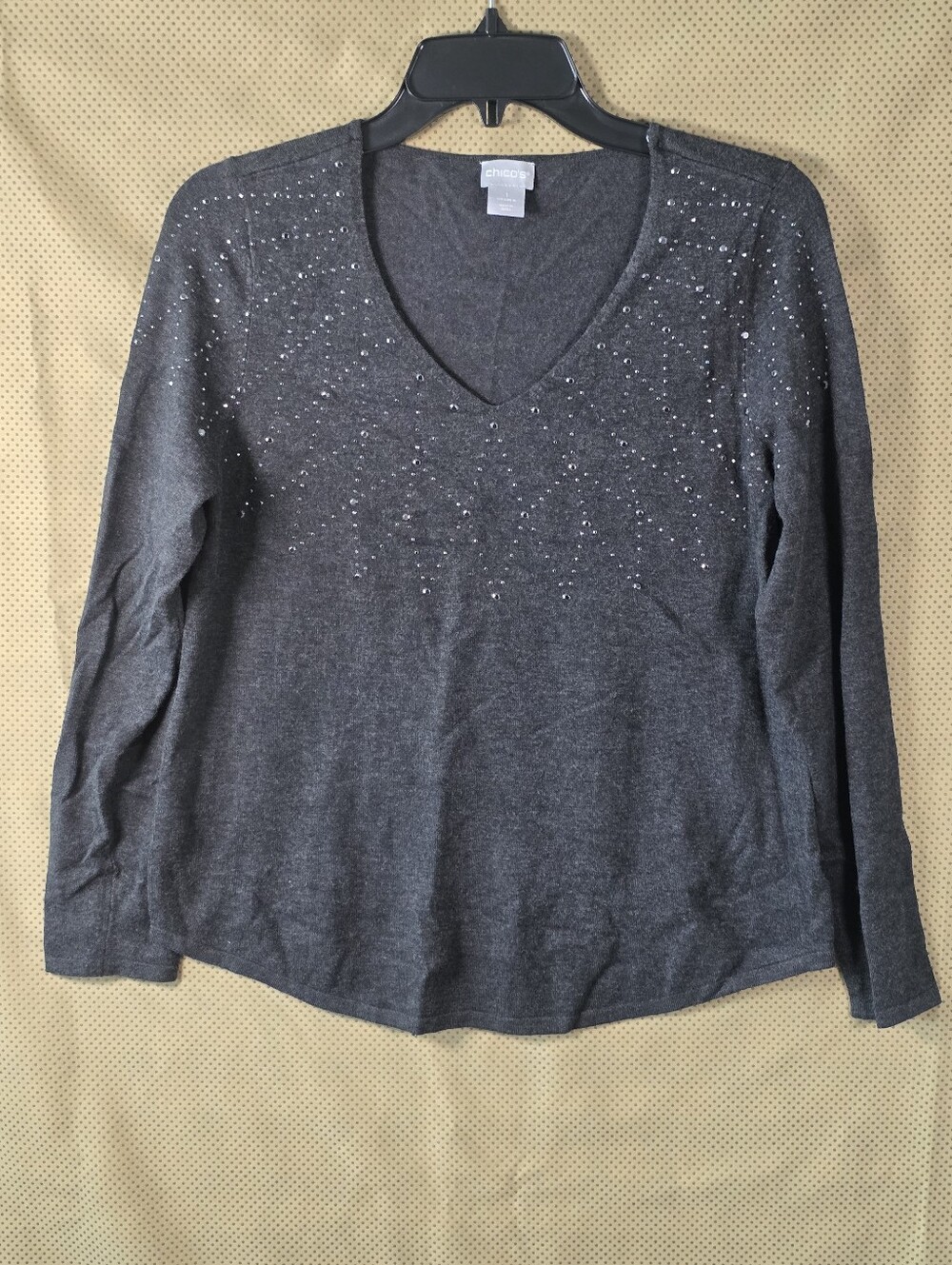 TitleChico’s Size 1 Gray Rhinestone Stud V-Neck Long Sleeve Sweater Top Rayon